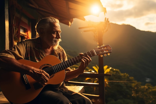 Un anciano latino tocando su guitarra en la terraza con vistas al Amazonas