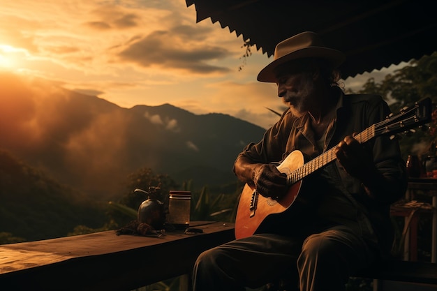 Un anciano latino tocando su guitarra en la terraza con vistas al Amazonas