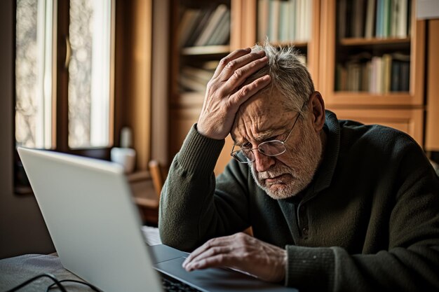 Foto un anciano lee información en una computadora en la biblioteca con preocupación