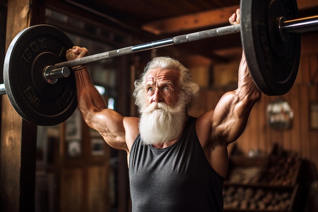 Un anciano levantando pesas en el gimnasio.