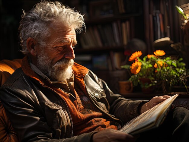 Un anciano leyendo un libro en una biblioteca.
