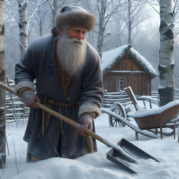 Un anciano limpiando la nieve frente a una tradicional cabaña de madera durante el invierno