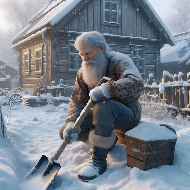 Un anciano limpiando la nieve frente a una tradicional cabaña de madera durante el invierno