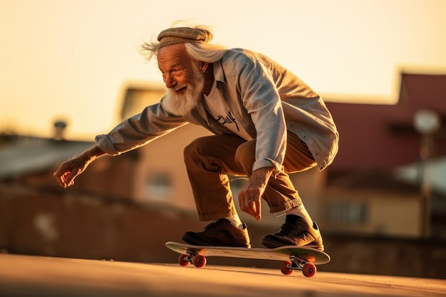 Un anciano mayor de pelo gris fresco andando en monopatín al atardecer al aire libre IA generativa