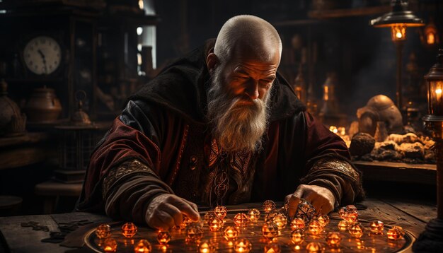 Un anciano meditando a la luz de una vela en una profunda concentración generada por la inteligencia artificial