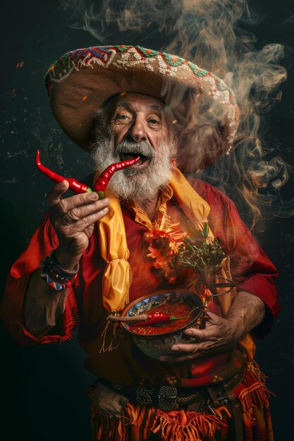 Un anciano mexicano con un sombrero y pimienta en las manos
