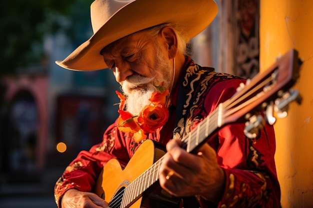 Foto un anciano mexicano con sombrero toca la guitarra y canta en una calle de la ciudad durante el cinco de mayo