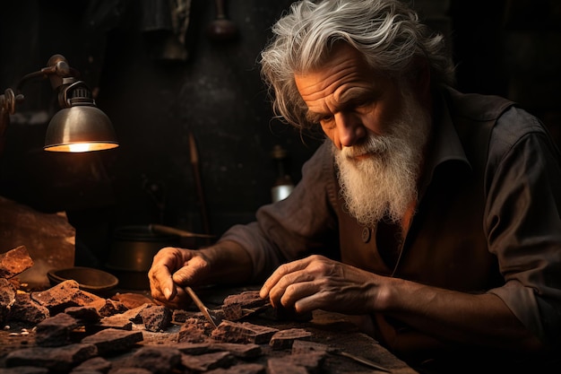 El anciano mira y estudia piezas de mineral busca minerales