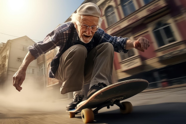 Un anciano moderno montando una patineta en un parque de patinaje