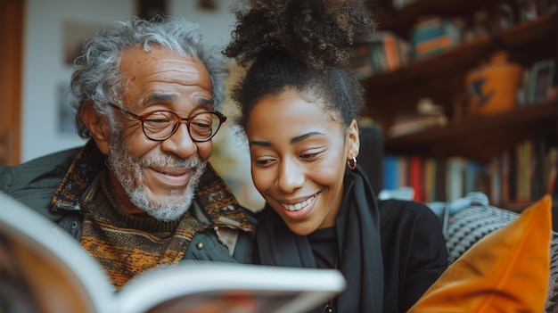 Un anciano y una muchacha miran un libro