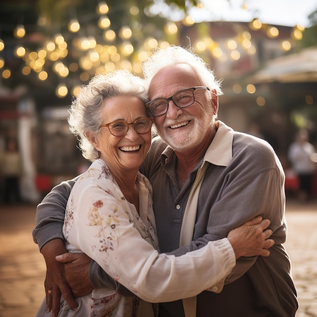 Foto un anciano y una mujer felices se abrazan en un lugar abierto.