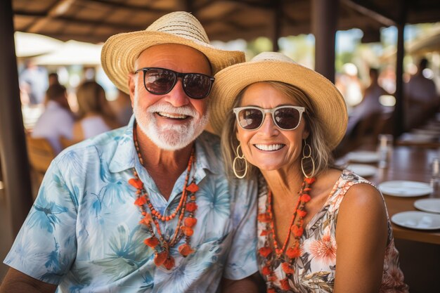 Un anciano y una mujer sonrientes con gafas de sol están en una playa paradisíaca.