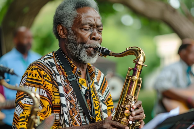 Un anciano músico de jazz afroamericano tocando el saxofón al aire libre en un parque con una banda