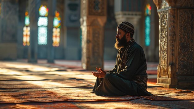 Foto un anciano musulmán orando en la mezquita.