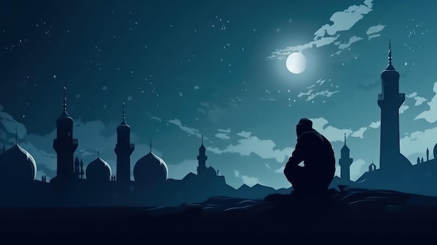 anciano musulmán rezando en una mezquita con luna estrellada y luna creciente noche de luna AI generativa