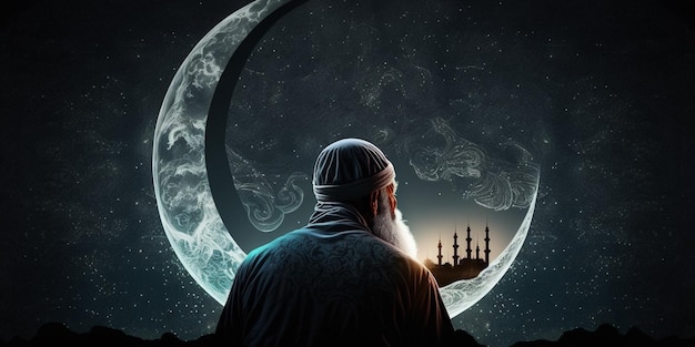 Anciano musulmán rezando en una noche de luna estrellada y luna creciente
