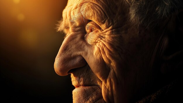 un anciano con una nariz grande y una luz en el fondo