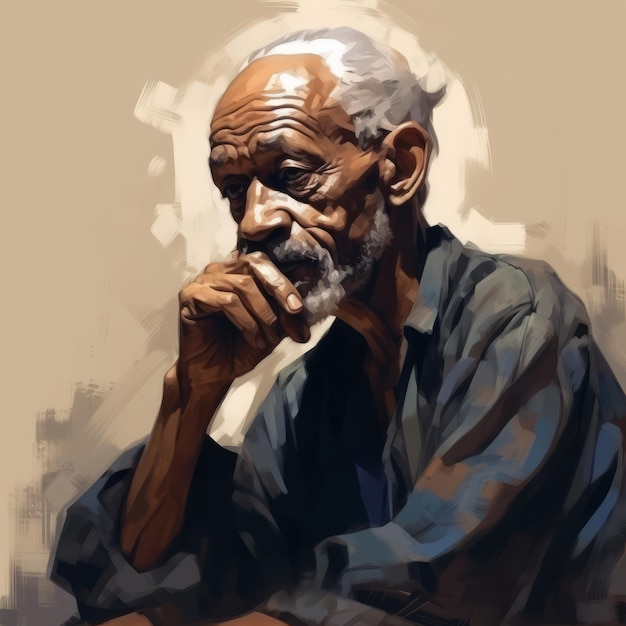 Anciano negro pensando y dudando ilustración pintada al óleo Personaje masculino con cara de ensueño sobre fondo abstracto Ai generó cartel brillante de lienzo acrílico