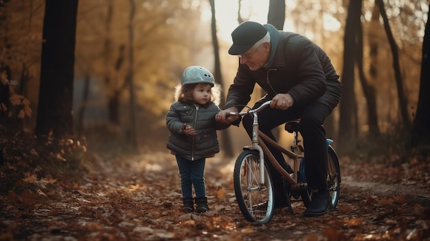 Un anciano y una niña en bicicleta en el bosque de otoño