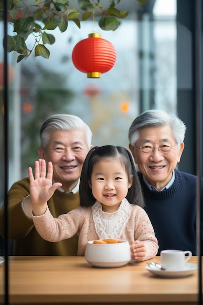 Foto un anciano y una niña están mirando un plato de papas fritas
