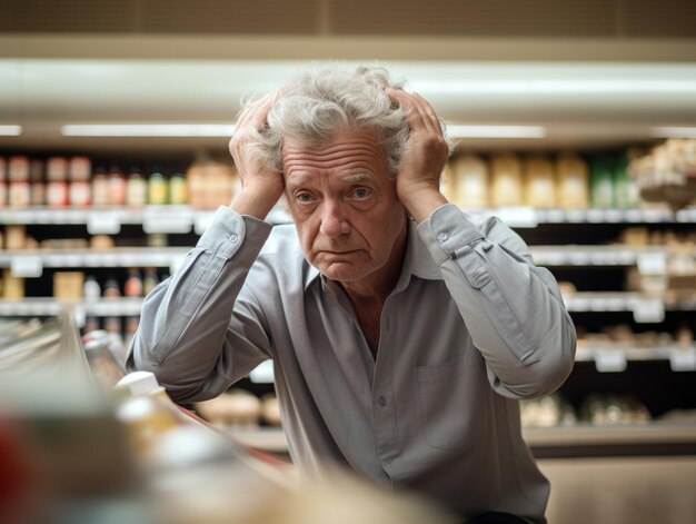 Foto un anciano parece estresado y confundido mientras hace compras en un supermercado