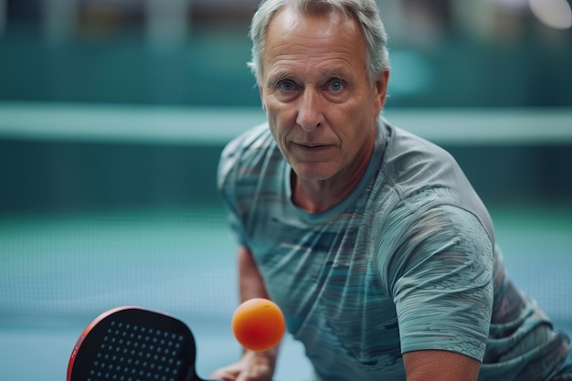 Un anciano participando en un partido competitivo de pickleball en el interior