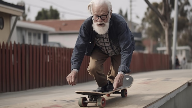 Anciano patinando en estilo moderno sobre fondo blanco Mujer sentada al aire libre Retrato de estilo de vida de personas Estilo de vida feliz Personas mayores modernas Estilo moderno IA generativa