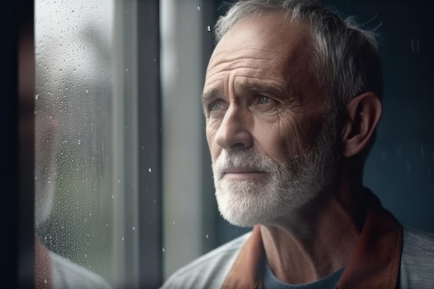 Un anciano pensativo parado junto a la ventana retrata la soledad que siente mientras permanece en el interior