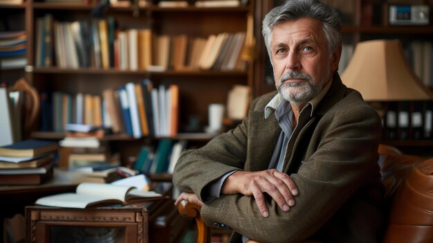 Un anciano pensativo sentado en una cómoda silla en su biblioteca doméstica mirando hacia la distancia