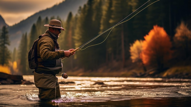 Anciano pescando un pez mientras pesca con mosca en un río