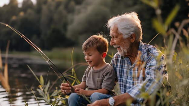 Foto un anciano está pescando con su nieto el anciano está sonriendo y mirando al niño el niño también está sonriente y sosteniendo la caña de pescar