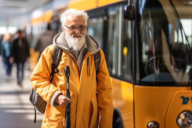 Foto un anciano está de pie frente a un autobús de transporte público