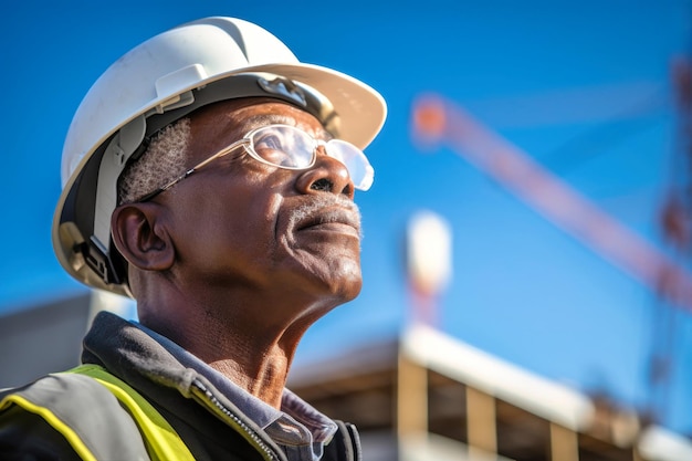 Un anciano de piel oscura está vestido con un casco y gafas de seguridad que aseguran su protección mientras trabaja en un sitio de construcción