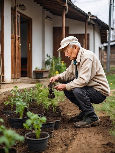 Foto un anciano planta plántulas de verduras en el jardín y cosecha de la tierra en su jardín jardín de verduras ecológico autocultivo de verduras generado por ia