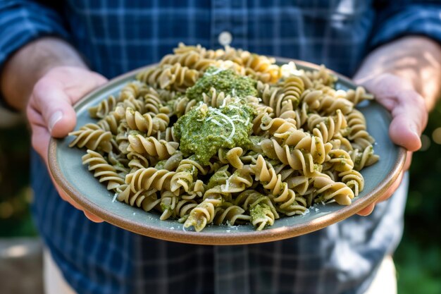 Un anciano con un plato de pasta de grano entero con pesto