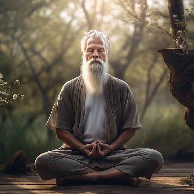 Un anciano practicando meditación de atención plena para el bienestar mental