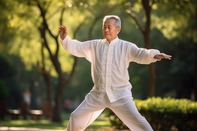 Un anciano practicando tai chi en un parque tranquilo