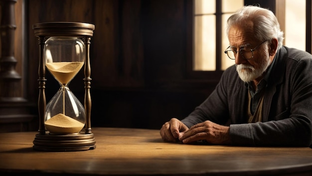 Foto un anciano preocupado ve el tiempo detenerse a través de un reloj de arena.