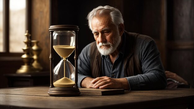 Un anciano preocupado ve el tiempo detenerse a través de un reloj de arena.