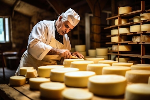 Un anciano quesero comprueba la calidad del queso Producción de queso casero