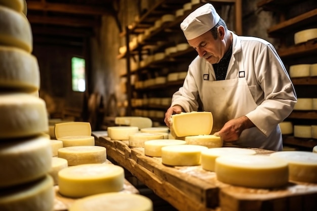 Un anciano quesero comprueba la calidad del queso Producción de queso casero