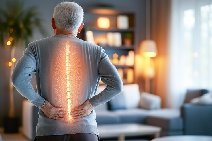 Un anciano con una radiografía visible de su columna vertebral que destaca el dolor de espalda IA generativa
