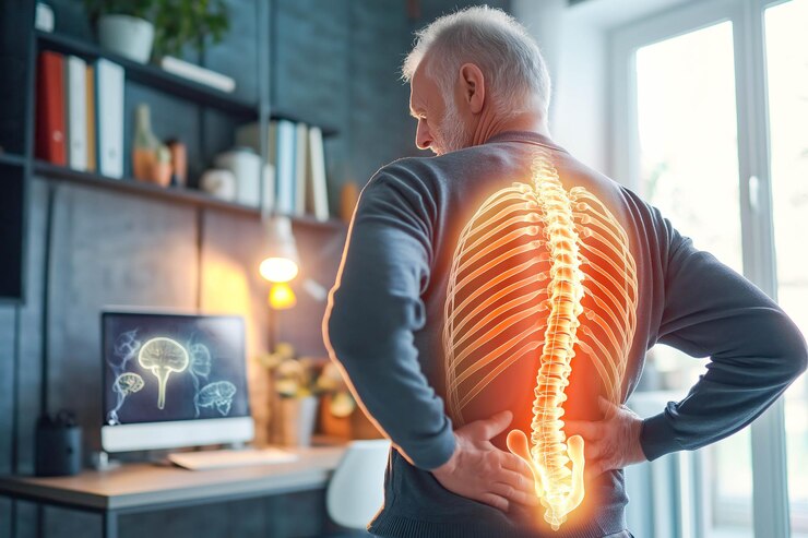 Un anciano con una radiografía visible de su columna vertebral que destaca el dolor de espalda IA generativa