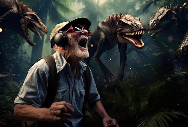 Foto un anciano en realidad virtual observando dinosaurios en el bosque al estilo de expresión enérgica