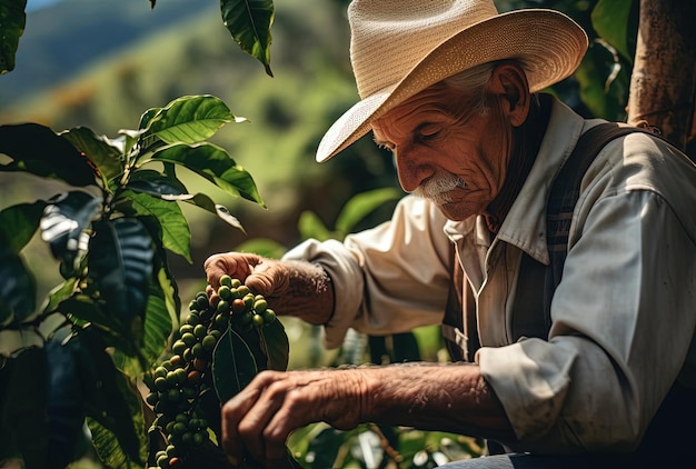un anciano recogiendo plantas de café en una granja al estilo de paletas de colores terrosos