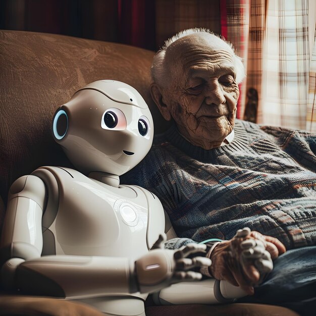 Un anciano se relaja con su compañero robot