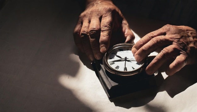 Un anciano con un reloj antiguo en las manos observa cómo pasa el tiempo.