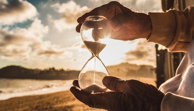 Foto un anciano con un reloj de arena en las manos observa cómo pasa el tiempo.