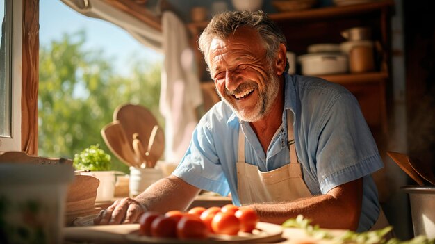 Un anciano se ríe mientras prepara tomates en una cocina soleada