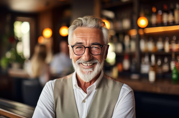 Un anciano se ríe en un pub.